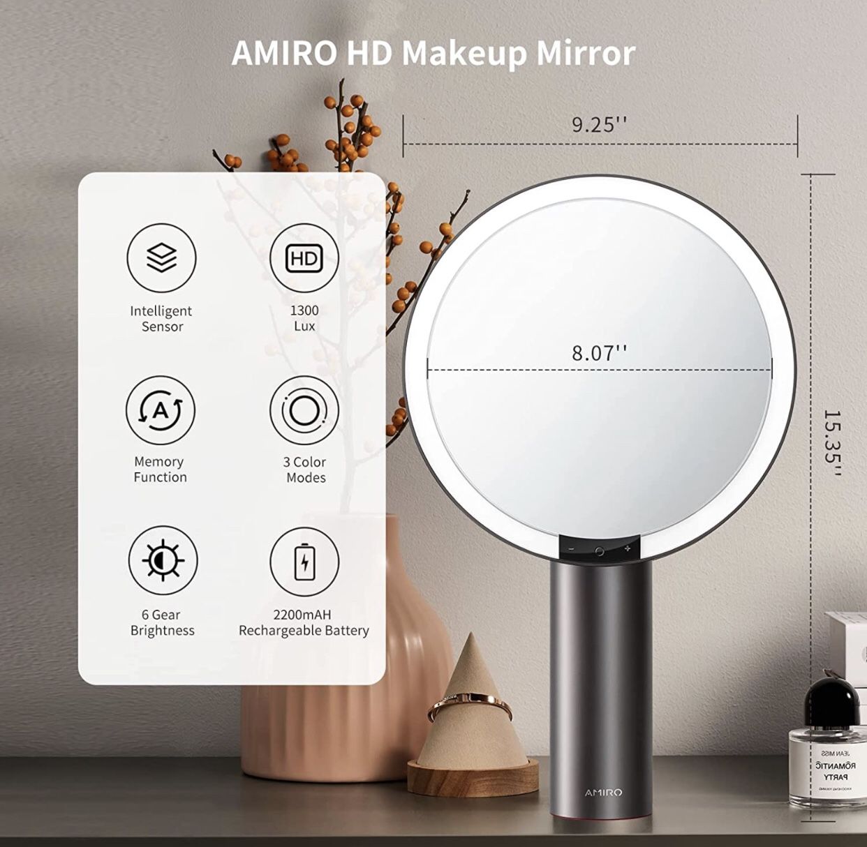 AMIRO 9" Lighted Makeup Mirror with Smart Sensor & Touch-Control, 3 Colors & 6 Brightness HD Vanity Mirror with Lights, Rechargeable & Cordless