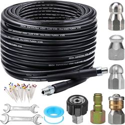 Sewer Jetter Kit for Pressure Washer 100FT, 5800PSI Drain Cleaner Hose 1/4 Inch NPT Corner, Rotating and Button Hose Sewer Jetting Nozzle Pearl Corsag