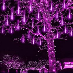 Kwaiffeo Purple Christmas Lights, Meteor Shower Lights Icicle Lights for Halloween Christmas Decorations Outdoor, Waterproof UL Plug 8 Tube Falling Ra