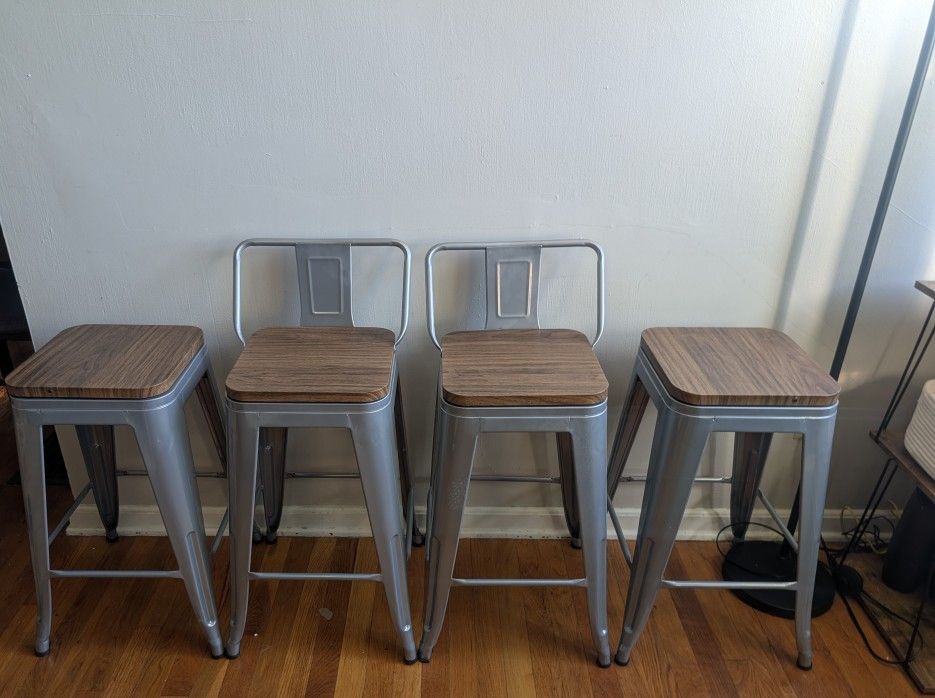 Four Metal Stools w/ Wood Swivel Seats