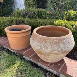  Vintage LOT 2 Terracotta Garden Planters Weathered Mediterranean Mexican Style Clay Pottery Pots Landscape Flowers Plants Trees Herbs Succulents 