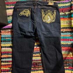 Size 15 Dark Wash Straight Leg Baby Phat Jeans With Unique Gold Detailing On The Back Pocket.