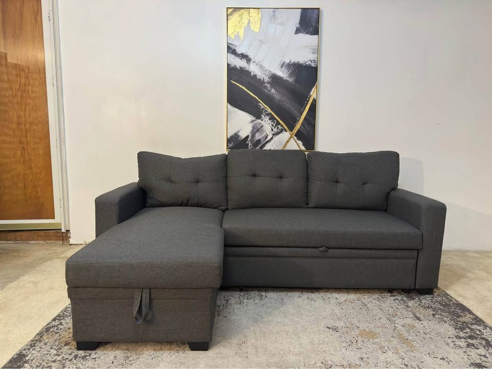 Gray 3-Seater Sectional Sofa with Pull-Out and Chaise Storage