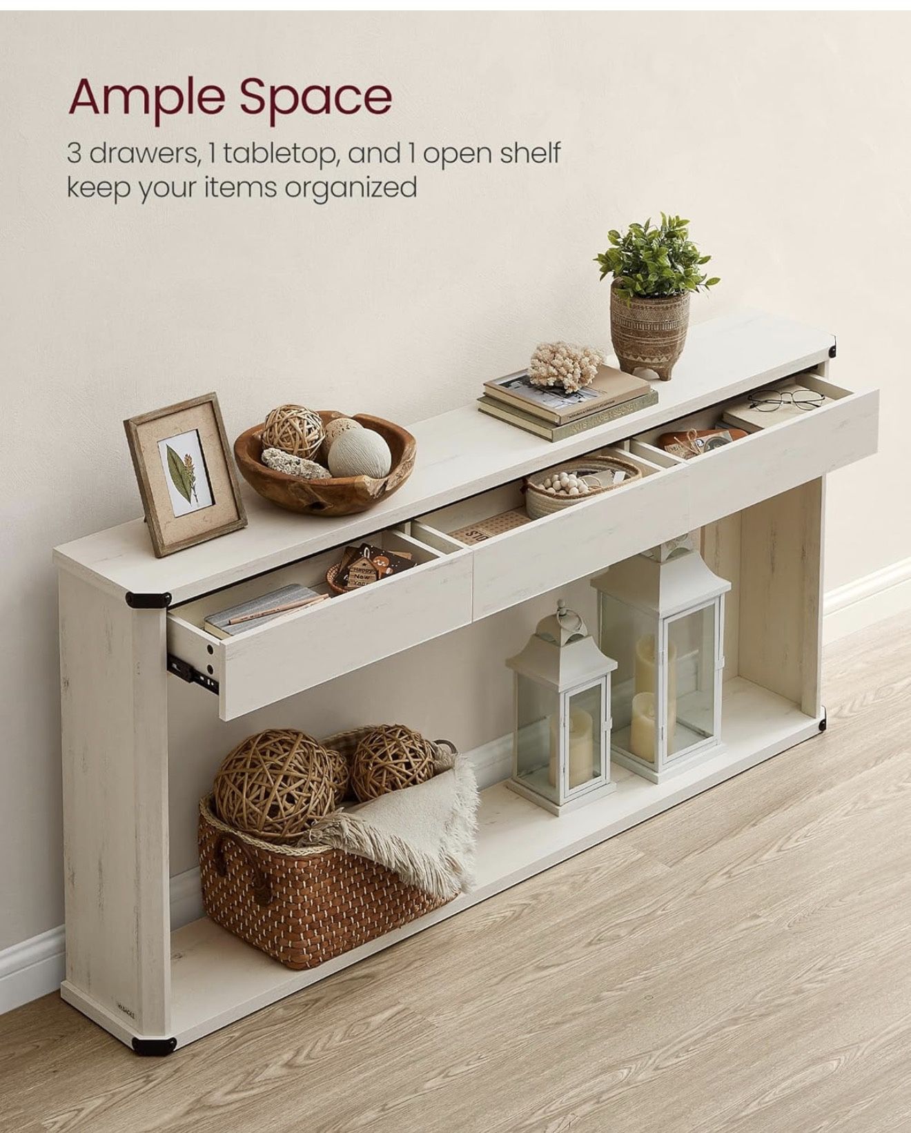 Console Table, 63 Inches Sofa Table, Narrow Entryway Table, Entry Table with 3 Drawers, Bottom Shelf, Metal Corners, for Living Room, Bedroom, Farmhou