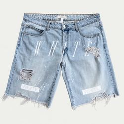 Off-White c/o Virgil Abloh Distressed Denim Shorts Net Pocket WHITE Print 36