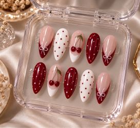 Cherry Red Press On Nails – Polka Dot Almond Gel Nails
