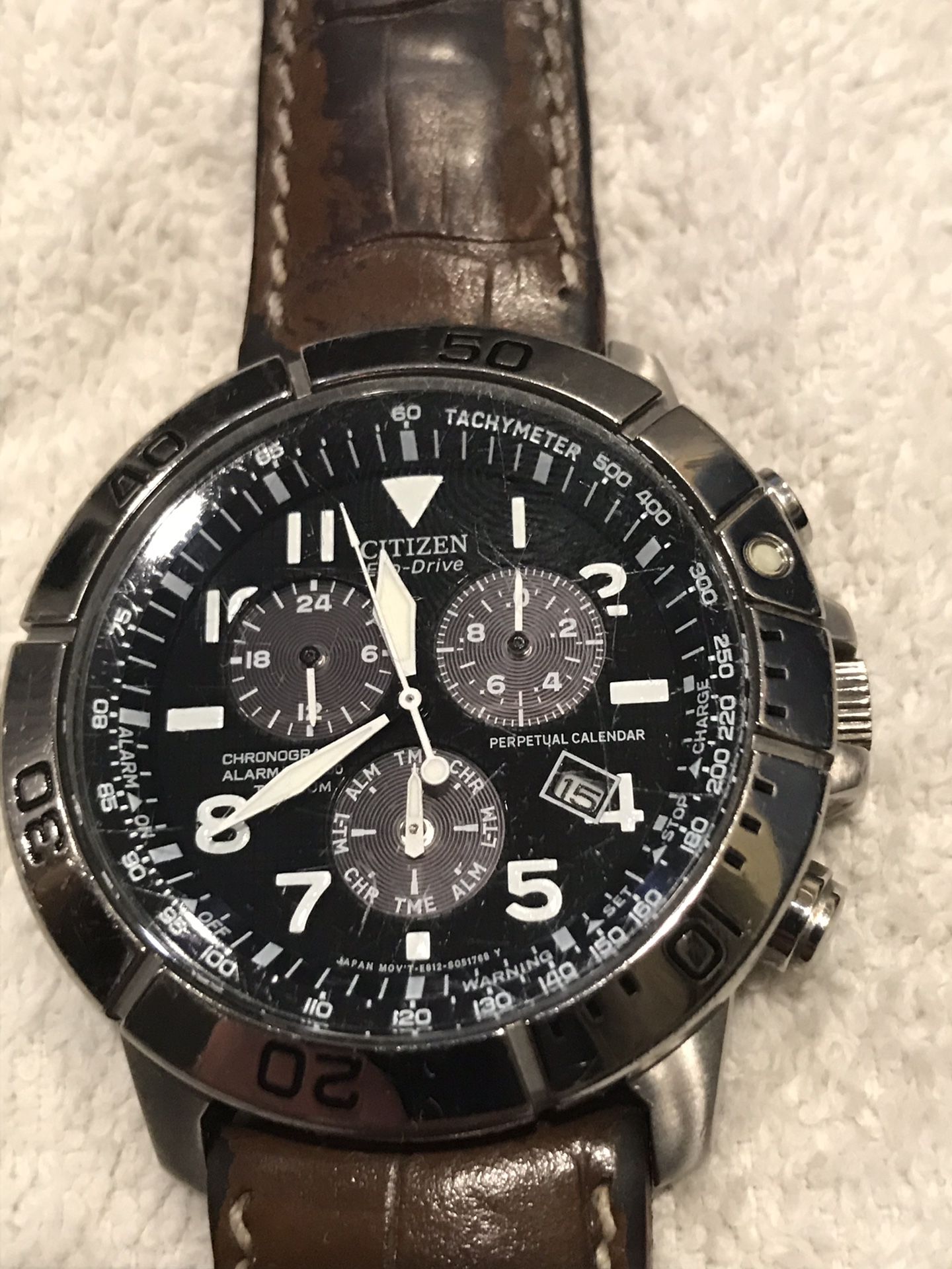 CITIZEN ECO-DRIVE MEN'S CHRONOGRAPH WRISTWATCH E820-S061636 LEATHER BAND  USED. Condition is Pre-owned. citizen . 20 bar gn-4-s e820-s061636 watch  for Sale in Brookfield, CT - OfferUp