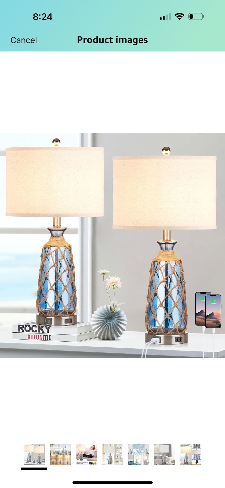 25.5" Coastal Glass Table Lamps Set of 2, 3-Way Dimmable Touch Control Bedside Lamps with 2 USB Ports and AC Outlet, Blue Nautical Nightstand Lamps fo
