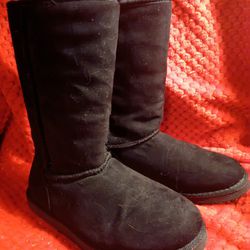Girls Black Suede W Sheep Fur Lined Boots Sz 3