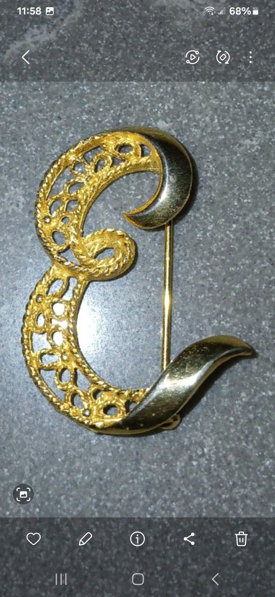 Gold Colored Brooch Letter E