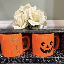 Rae Dunn Artisan Collection Orange Ceramic Pumpkin and “trick or treat” Mug Set