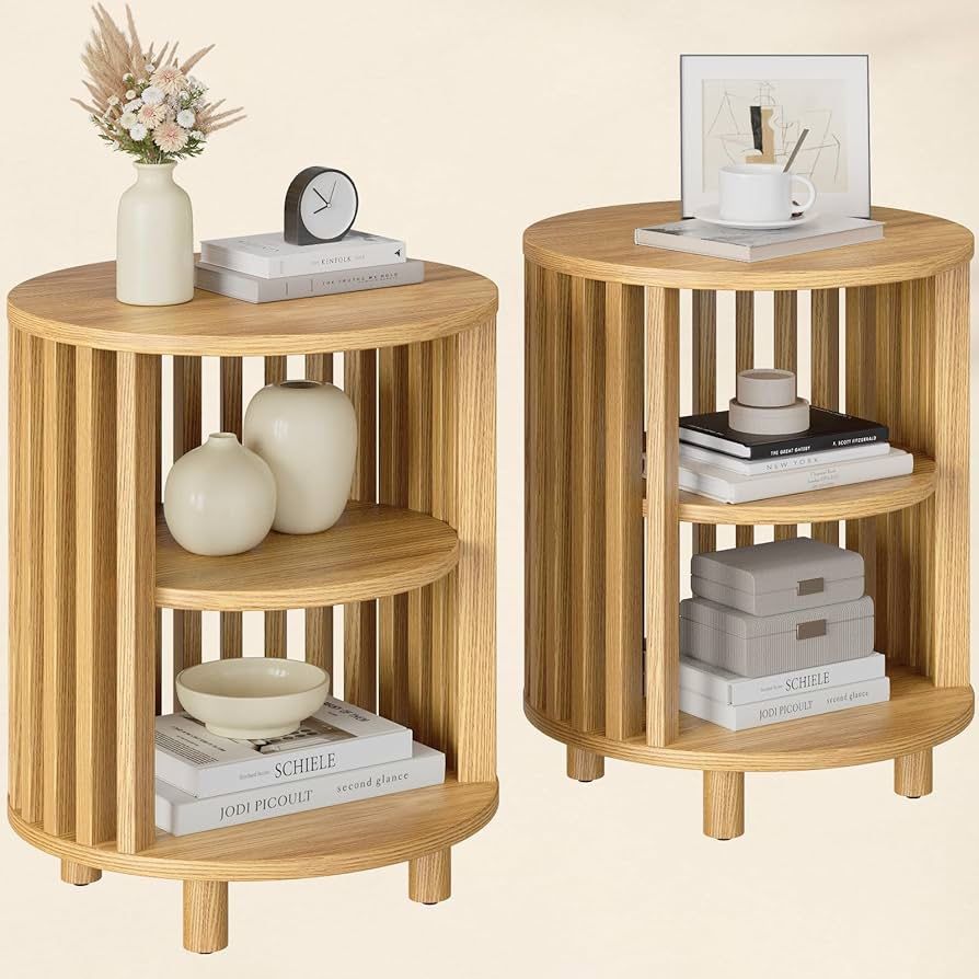 2pcs Round End Table, Wood Bedside Table, Mid Century Modern Nightstand with Open Storage Shelf, 3 Tier Small Side Tables for Living Room, Bedroom, Cu
