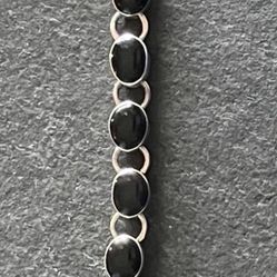 Vintage Handmade Sterling Silver Taxco Onyx Chain Link Toggle Bracelet, 7” 26.5g