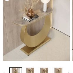 NARROW CONSOLE TABLE GRAY SINTERED STONE ENTRYWAY TABLE WITH HALF-MOON STEEL BASE