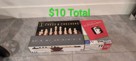 Wooden Chess & Checkers, Rock Me Archimedes Marble Game & Scattergories - Take All 3 For $10 Total