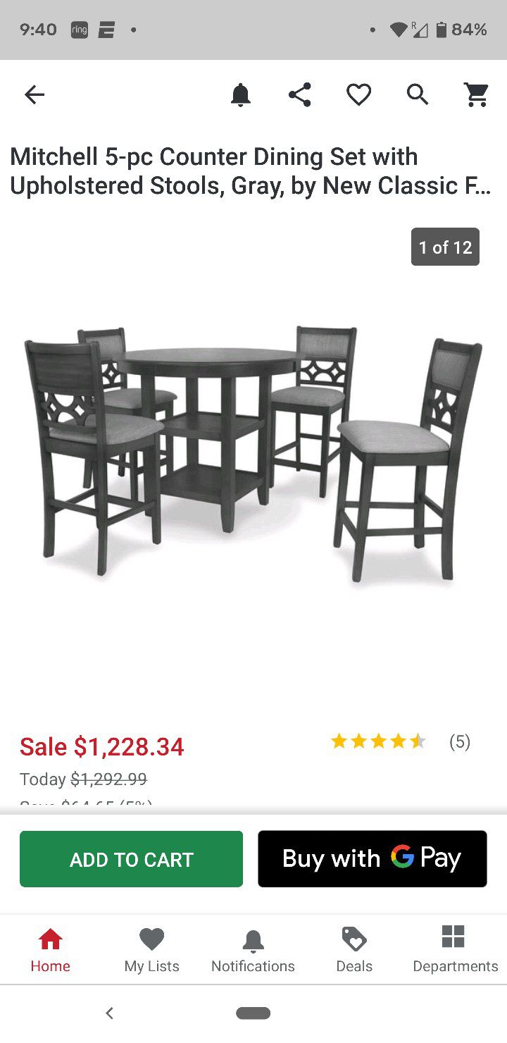 Mitchel 5-Piece Counter Dining Set w/ Upholstered Stools, Gray