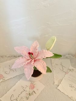 Crochet pink lily potted plant