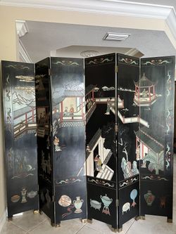 Chinese Screen 6 Panels 8ftx7ft Both Sides Hand Painted & Engraved Brass Feet