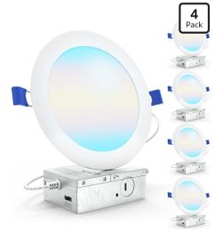 4 Pack 6 Inch Canless LED Ultra-Slim Recessed Light, 5CCT, 14W=100W
1200LM, Selectable CCT 2700K/3000K/4000K/5000K/6000K, Dimmable, Wafer Thin, with J