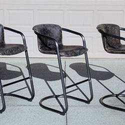 Set of 3 Leather Bar Stools – Industrial Style – (Value $1,500) 