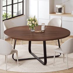 L603 60-Inch Round Dining Table, Modern Wood Metal Kitchen Tables, Industrial Large Dinner Room Table for 6 to 8, Circle Dining Room Tables for 