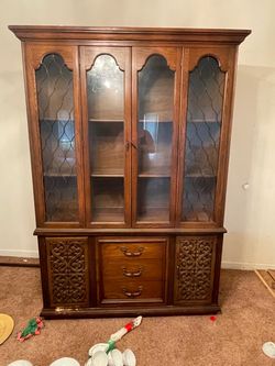 Wood China Cabinet with Leaded Glass Doors