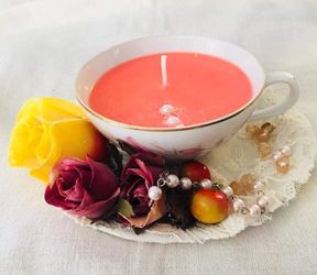 Wedding, tea party centerpieces soy candles floating teacups jewelry