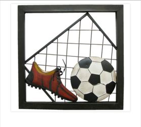 Framed Soccer Ball, Shoe & Net Metal Wall Hanging Sign 3D Decor Sports Theme 16 inch