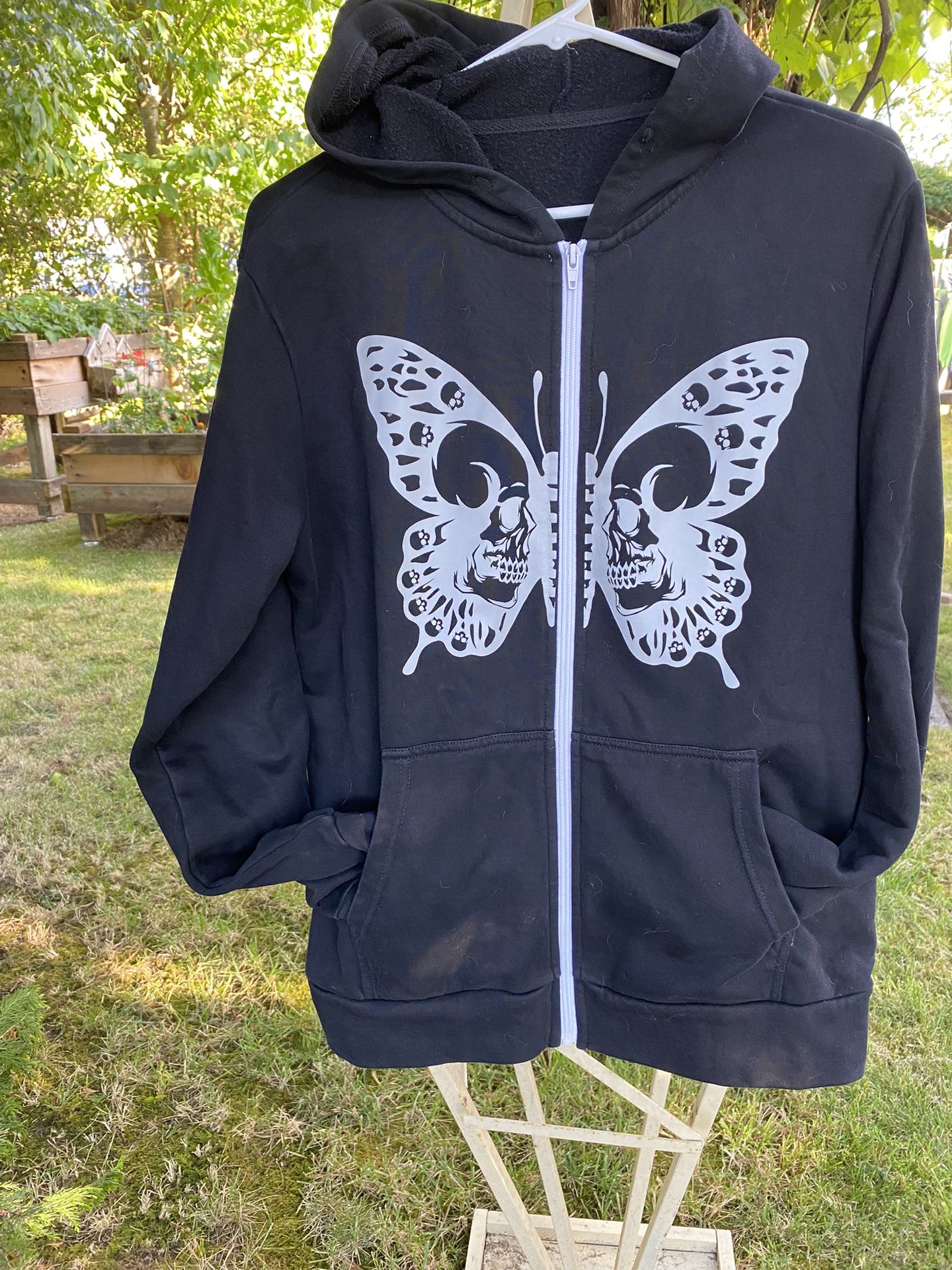 Black Hoodie Jacket With Butterfly and Skull Motif Size M