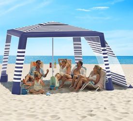 Beach Cabana, 8 * 8FT Beach Tent UPF50+ Protection, Easy Setup Beach Canopy Wind Resistant with Cup Holder, Compact Beach Shade Foldable Beach