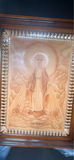 Vintage Handcrafted Leather Religious Artwork – Virgin Mary – Wood Frame