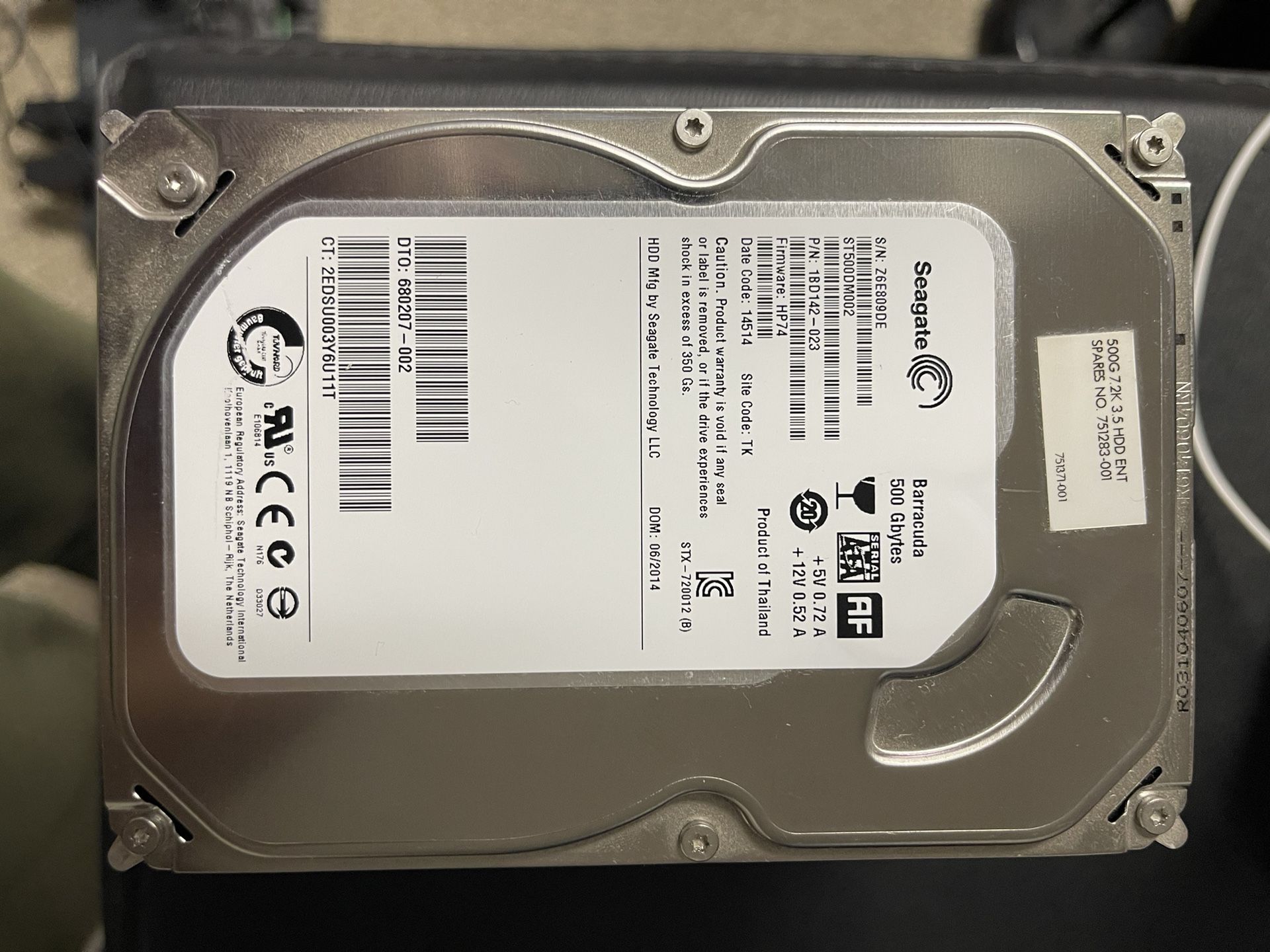 SEAGATE BARRACUDA 500GB HARD DRIVE