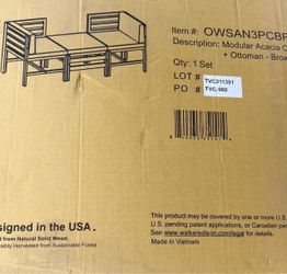 Walker Edison Ravello Contemporary 3 Piece Acacia Wood Outdoor Modular Chat Set with Cushions, Set of 3, Brown