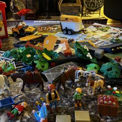 Playmobil horse & farm set with 5 people 5 horses, car & horse trailer & more + a Lego set