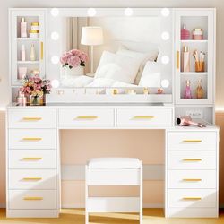 53.15" Large Glass Top Vanity Desk with Mirror and Lights, White Big Makeup Vanity Set with Stool,Power Outlet,11 Drawers,6 Shelves,3 Color Lighting M