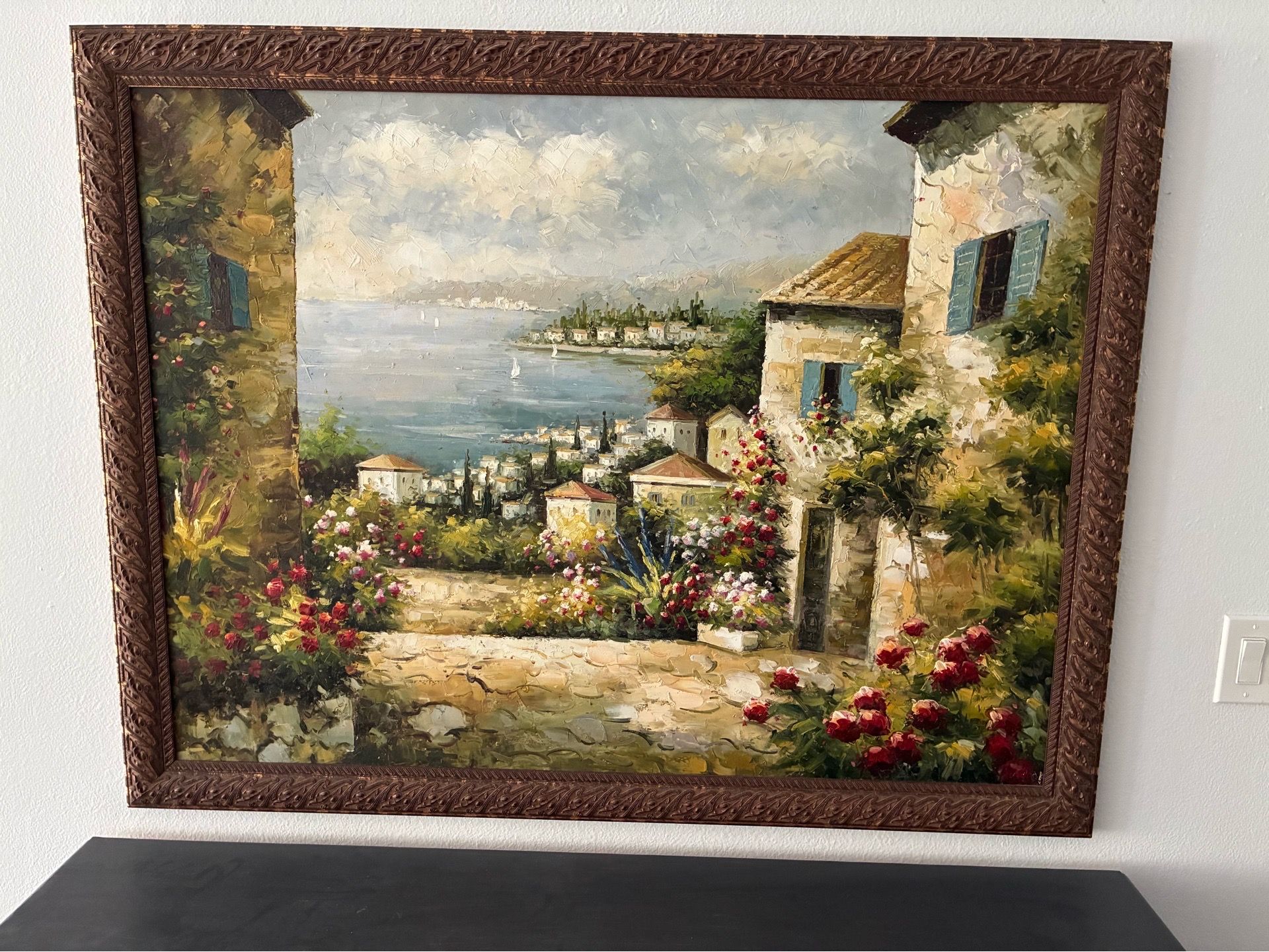 Large Framed European Coastal Landscape Artwork – 53" x 41"