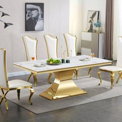 Table Genuine Marble Top, Stainless Steel Metal Base Gold Mirrored Finish. New Especial Price