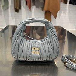 Miu Miu Light Blue Mini Ruched Bag With Gold Hardware & Strap