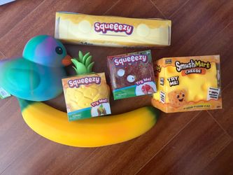 Jumbo Squishy Collection (Authentic SmushMart / Squeeezy) Butter, Cheese, Banana, Pineapple, Dice, Tie Dye Duck