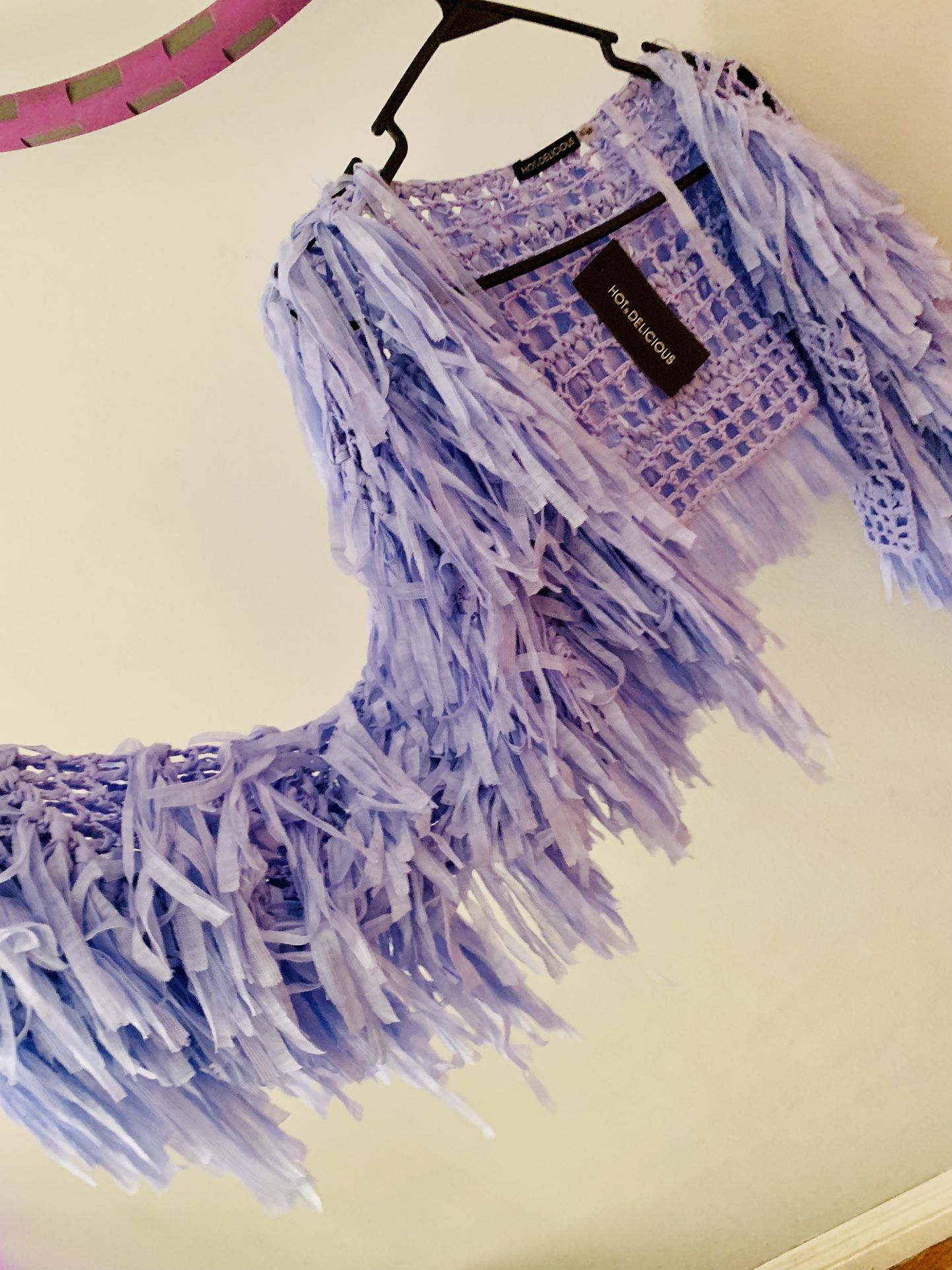 Shaggy Lavender Fringe Cropped Cardigan