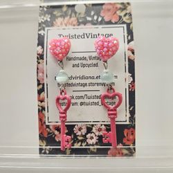 Handmade Pink Heart Shaped Keys and Light Blue Beads Earrings Girls Jewelry