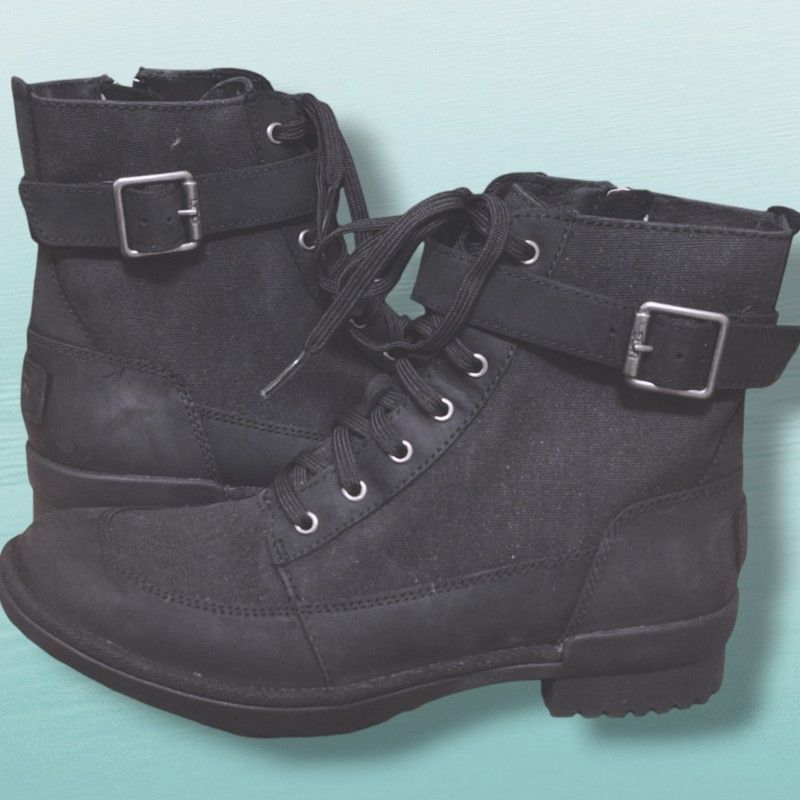 UGG Tulane Black Canvas Lace Up Winter Boot Wool Lining Women's Size US 5.5