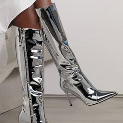 Metallic Silver Knee High Boots for Women Sexy Pointed Toe Stiletto Heel Boot 6.5