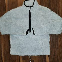 Derek Heart Womens Sz M Light Blue Fleece Pullover 1/4 Zip Cinch Waist & Kangaroo Pocket Gently Worn