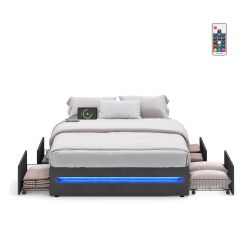 LED Bed Frame Queen Size with 4 Drawers and Charging Station, Queen Bed Frame with 1 USB Port and 1 Type C Port, Steel Slats, No Box Spring Needed, Da