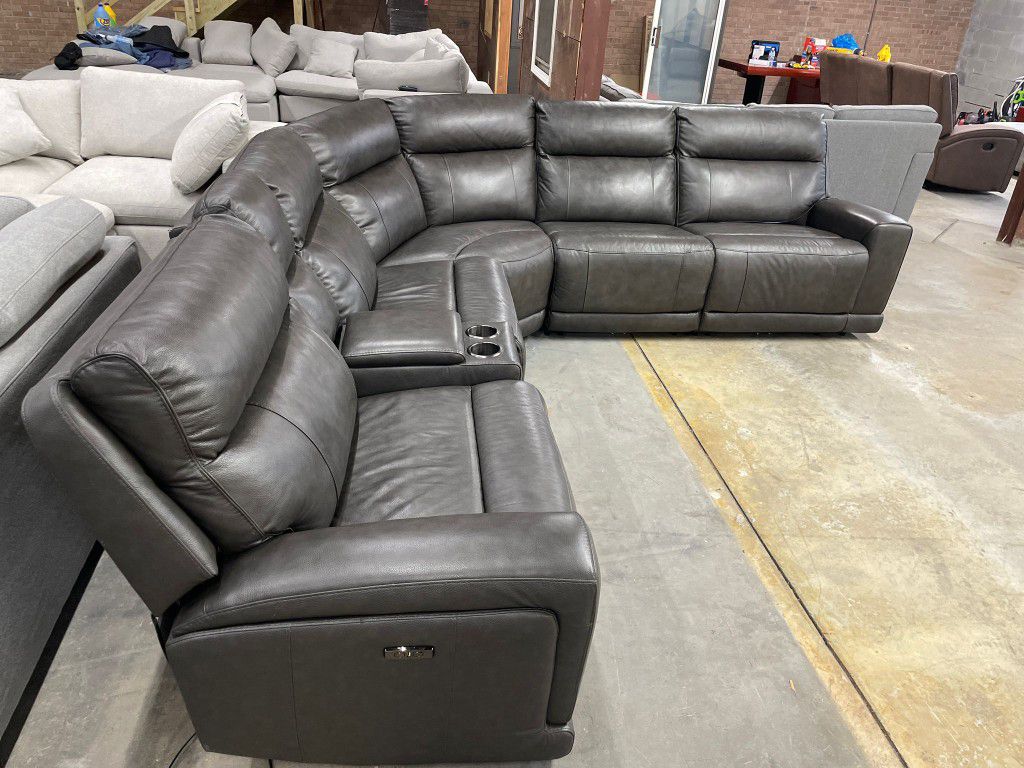 6-Piece Leather Power Reclining Sectional With Power Headrests By Gilman Creek.