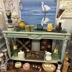 One-of-a-Kind Hand-Painted Multi Color Turquoise Console Table Entry Table – Coastal Chic Style