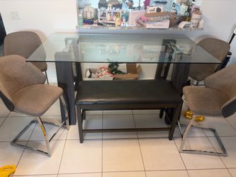 Gray Wood Glass Dining Table with 4 Chairs And a Bench