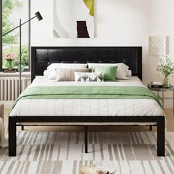 Black King Size Metal Platform Bed Frame with Faux Leather Headboard
