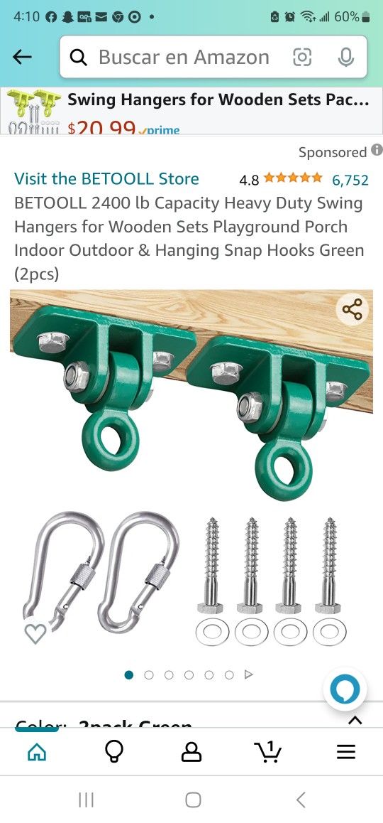 BETOOLL 2400 lb Capacity Heavy Duty Swing
Hangers for Wooden Sets Playground Porch
Indoor Outdoor & Hanging Snap Hooks Green